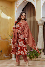 Floral Printed Kurta With Pant & Stripe Printed Dupatta, Rust - Hiral Fashion - Distacart
