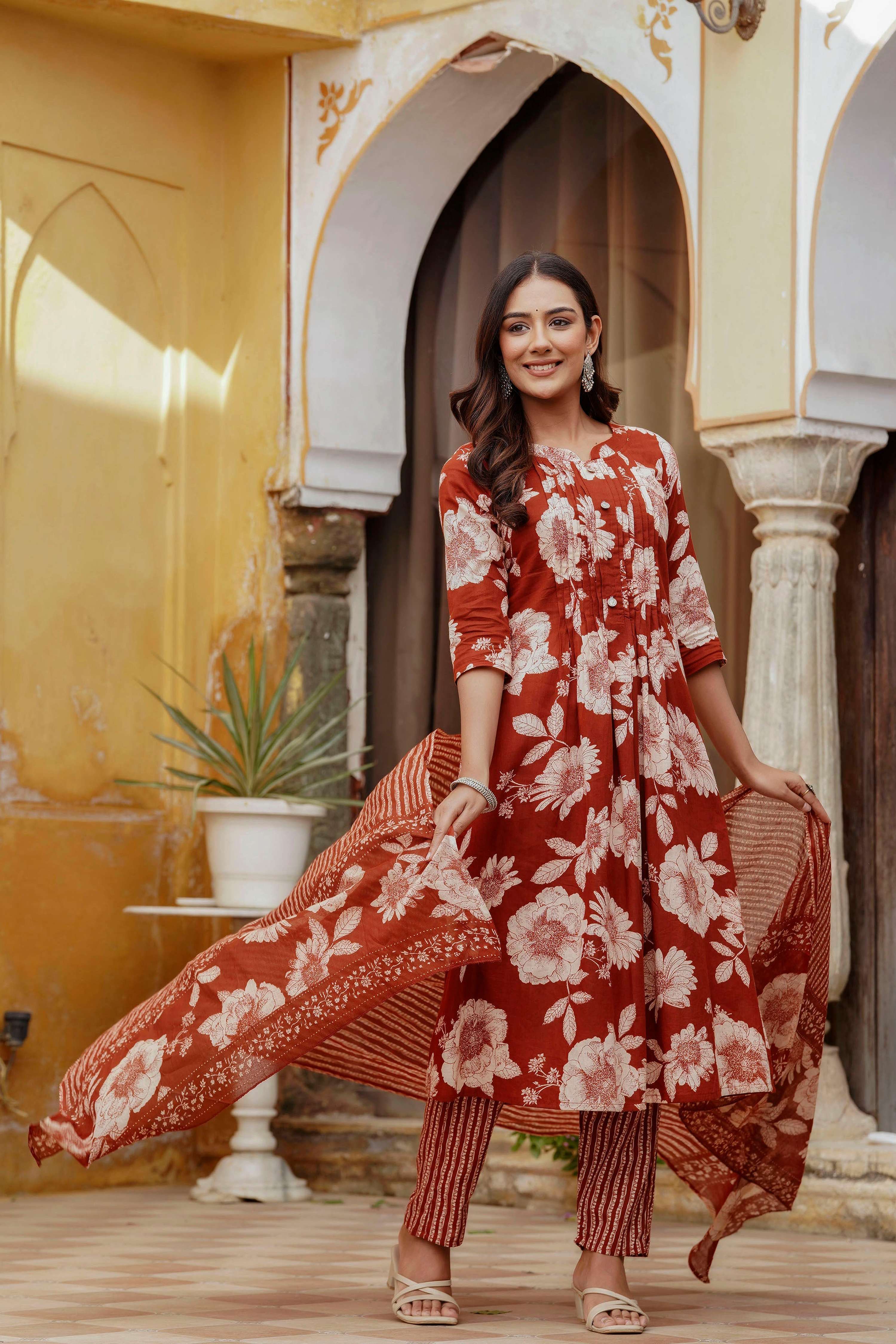 Floral Printed Kurta With Pant & Stripe Printed Dupatta, Rust - Hiral Fashion - Distacart