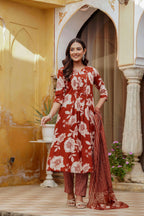 Floral Printed Kurta With Pant & Stripe Printed Dupatta, Rust - Hiral Fashion - Distacart