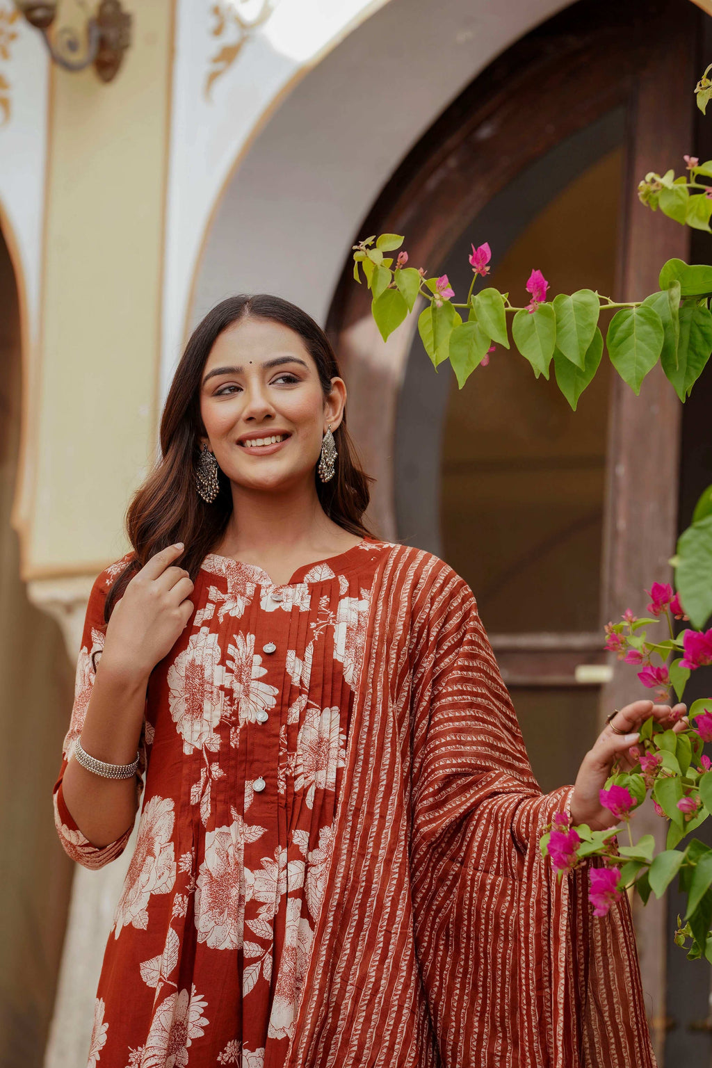 Floral Printed Kurta With Pant & Stripe Printed Dupatta, Rust - Hiral Fashion - Distacart
