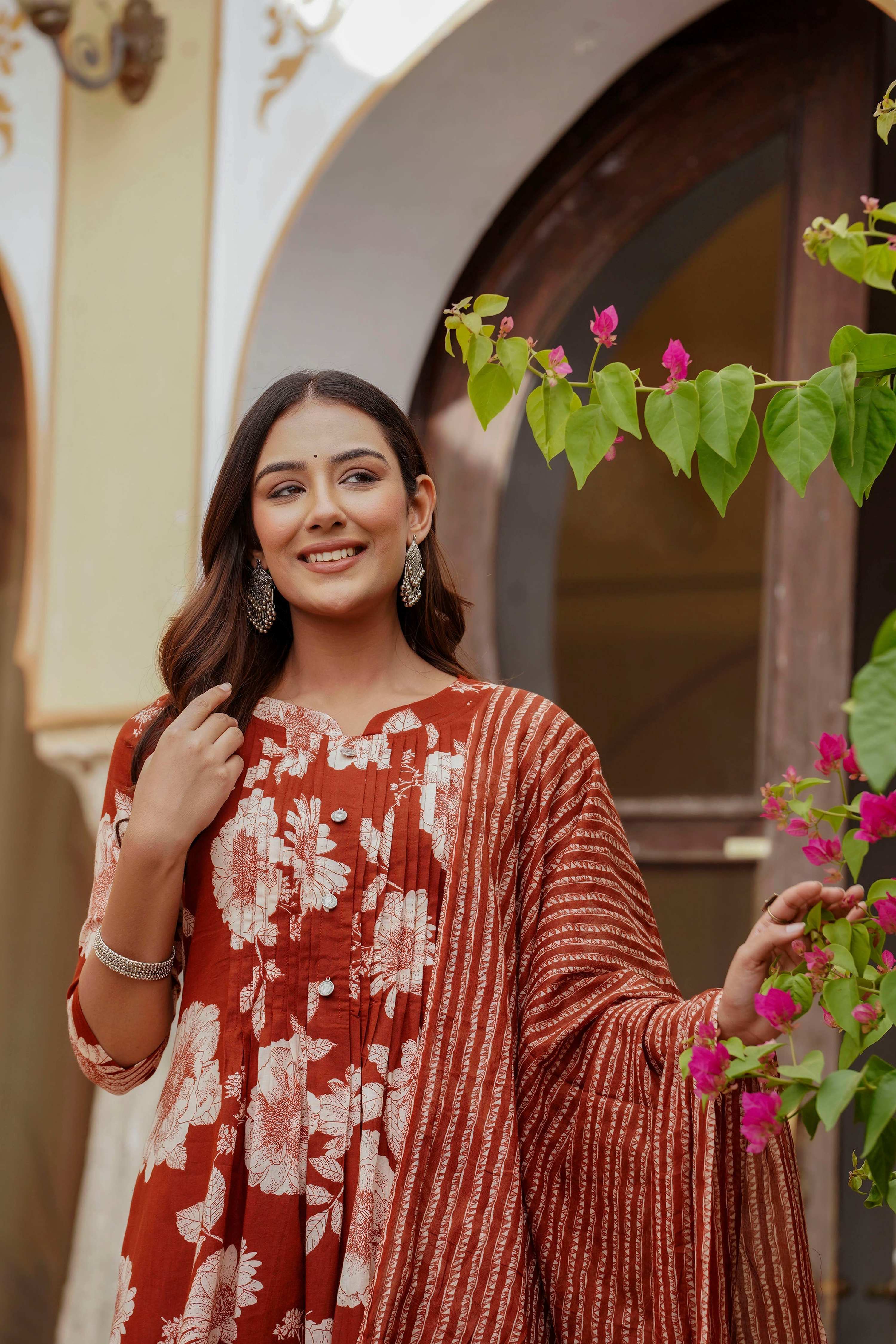 Floral Printed Kurta With Pant & Stripe Printed Dupatta, Rust - Hiral Fashion - Distacart