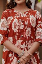 Floral Printed Kurta With Pant & Stripe Printed Dupatta, Rust - Hiral Fashion - Distacart