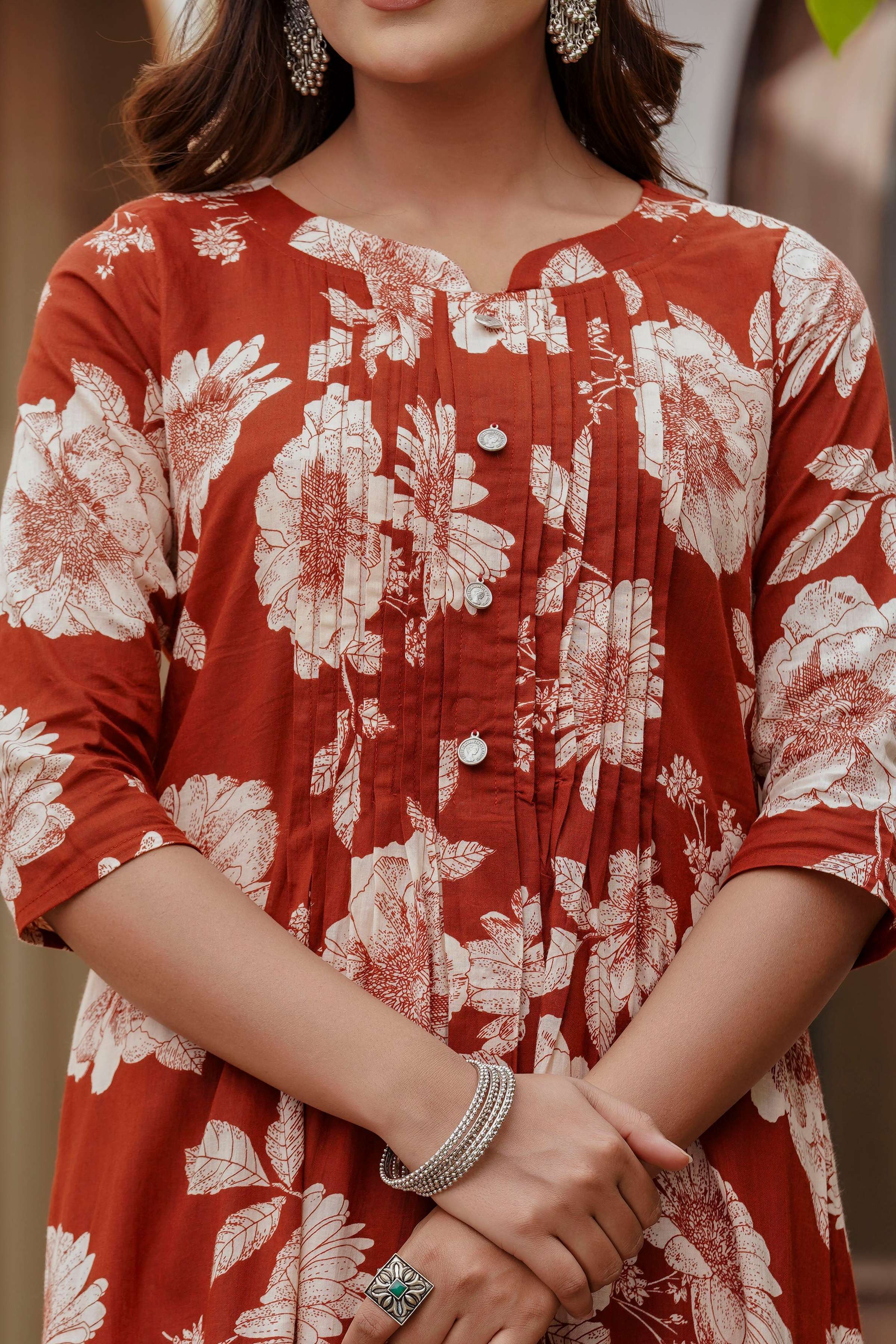Floral Printed Kurta With Pant & Stripe Printed Dupatta, Rust - Hiral Fashion - Distacart
