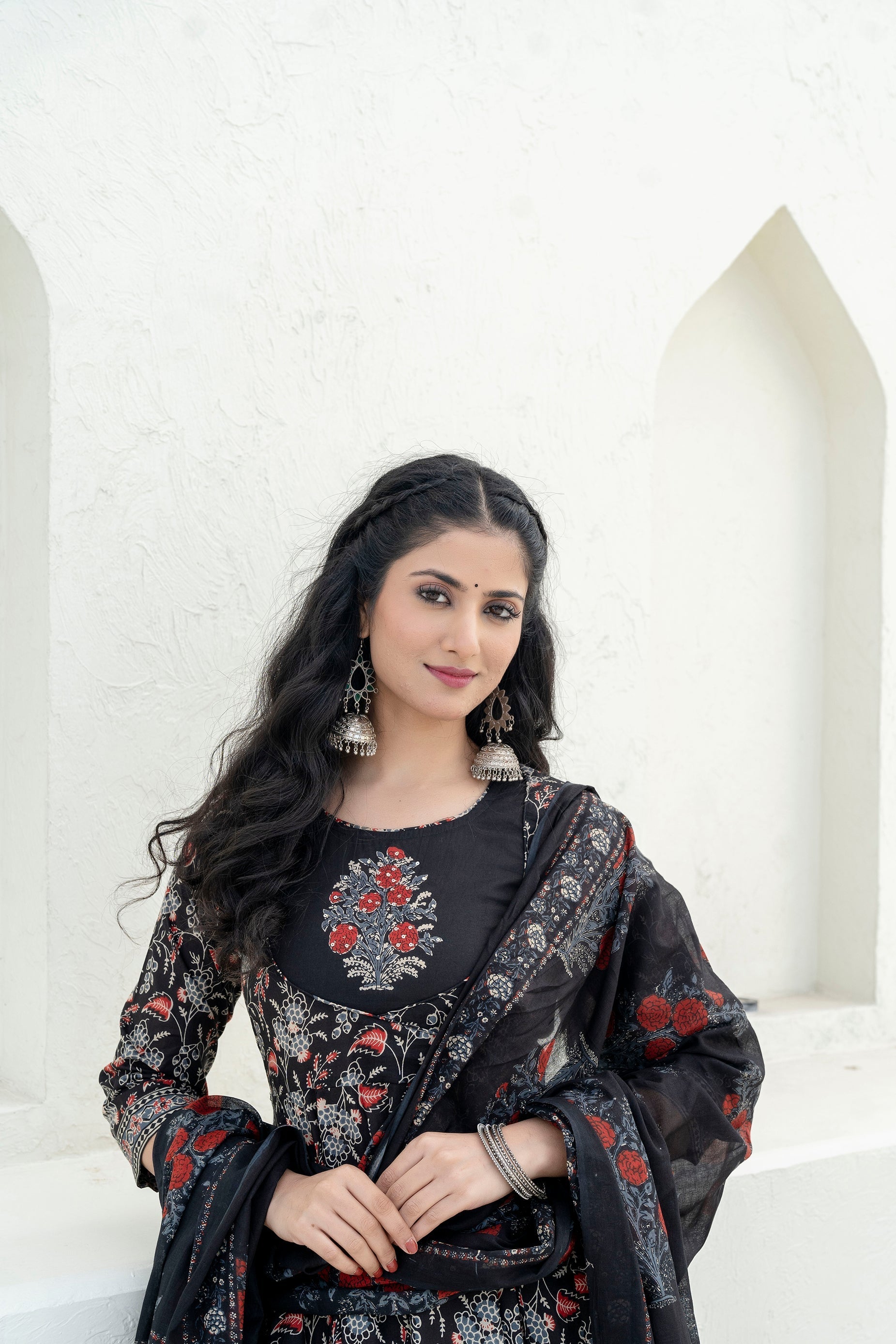 Embroidered & Floral Printed Anarkali Kurta With Pant & Dupatta, Black - Hiral Fashion - Distacart