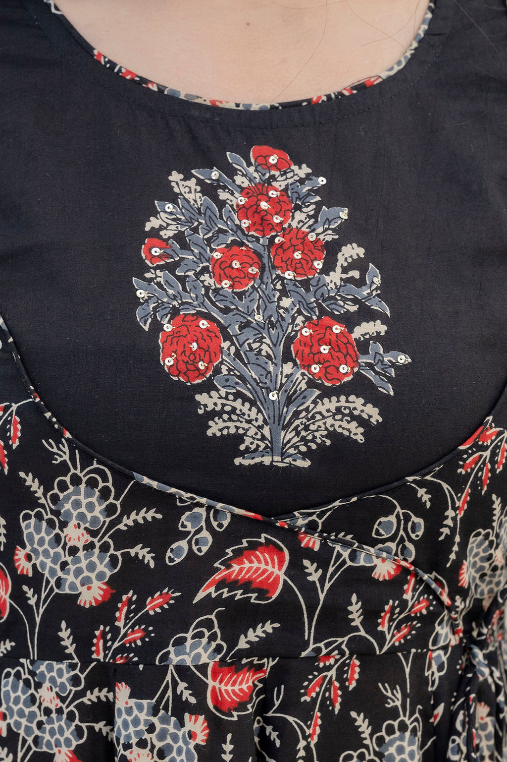 Embroidered & Floral Printed Anarkali Kurta With Pant & Dupatta, Black - Hiral Fashion - Distacart