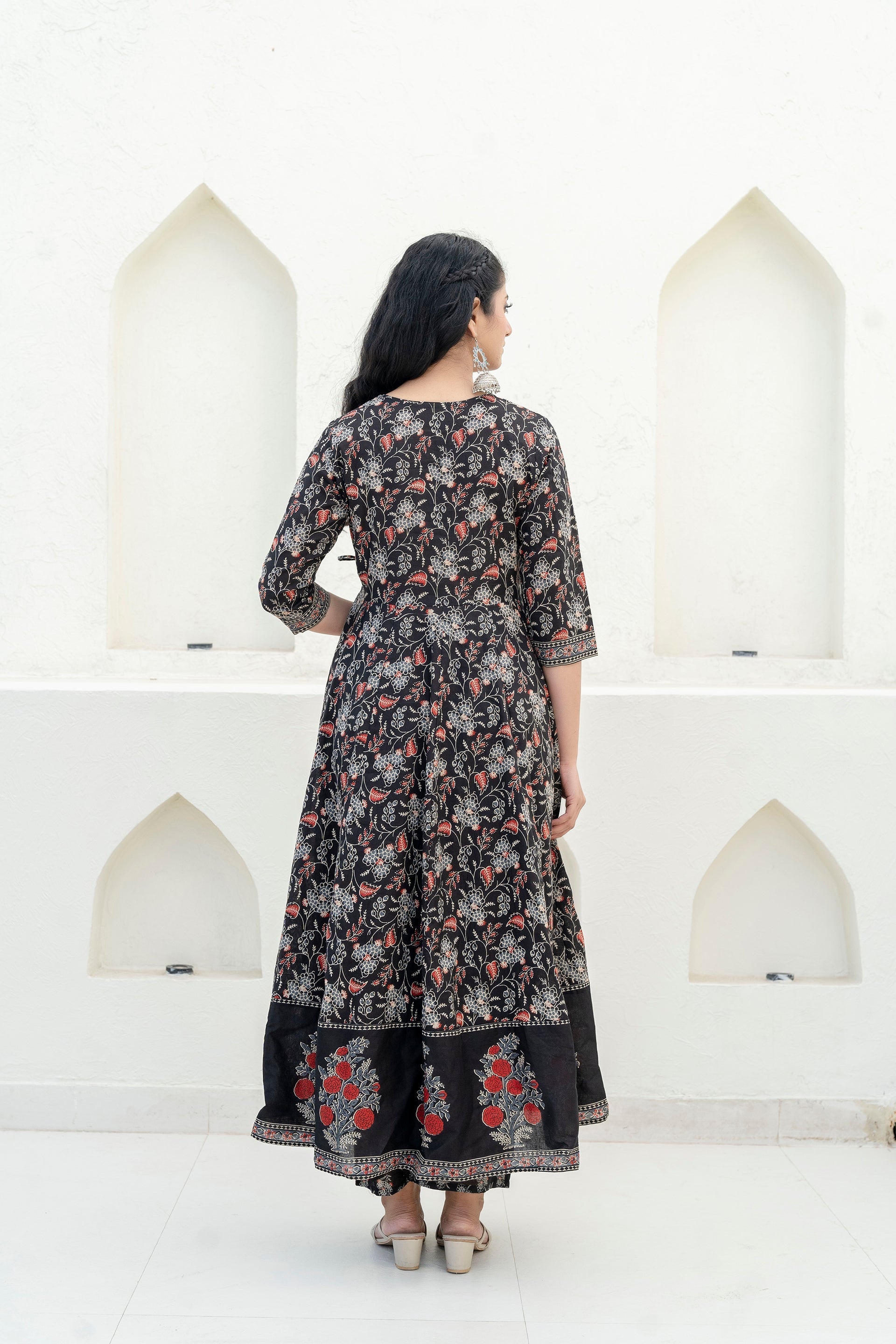 Embroidered & Floral Printed Anarkali Kurta With Pant & Dupatta, Black - Hiral Fashion - Distacart