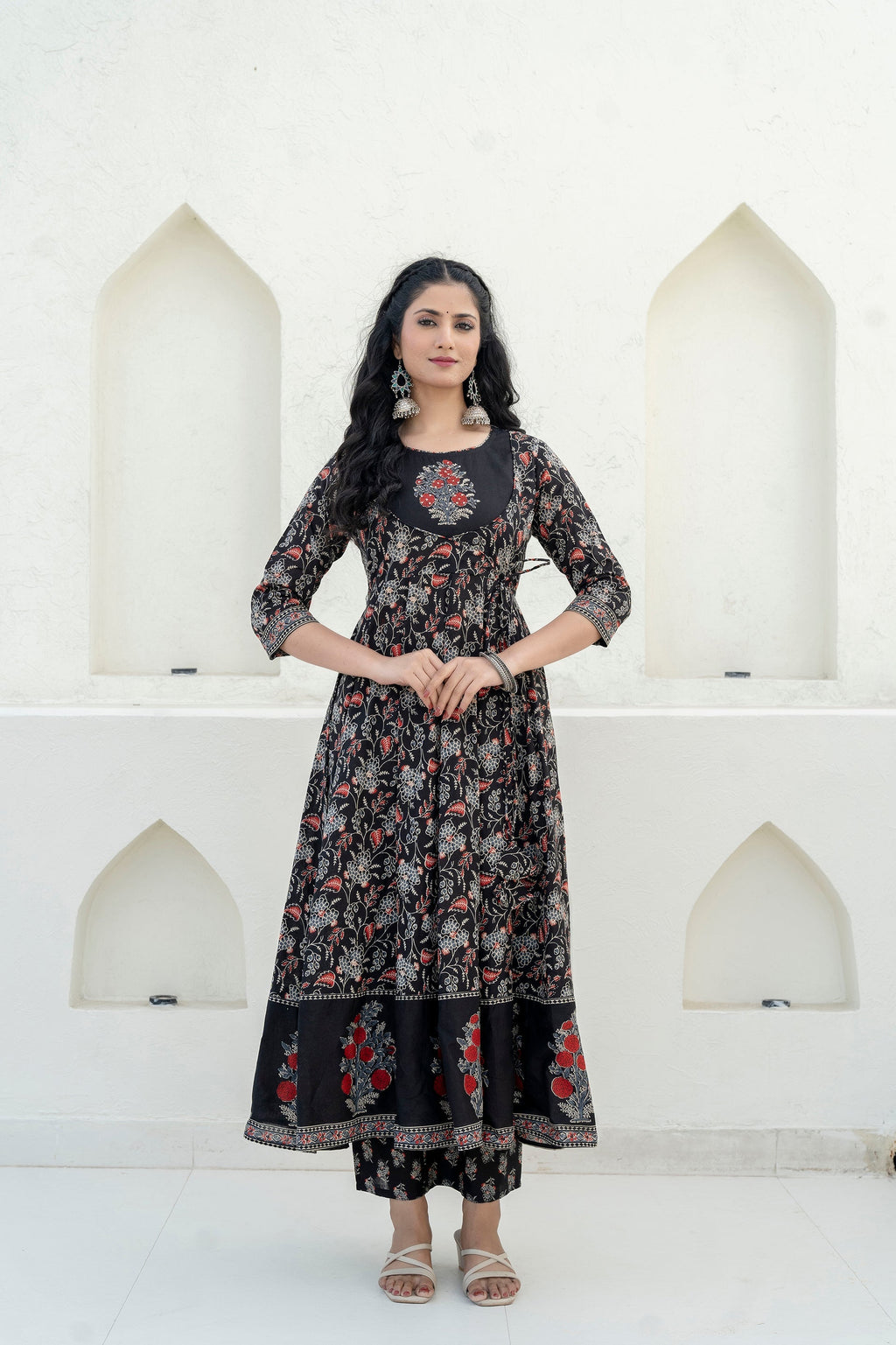 Embroidered & Floral Printed Anarkali Kurta With Pant & Dupatta, Black - Hiral Fashion - Distacart