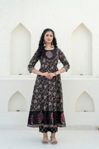 Embroidered & Floral Printed Anarkali Kurta With Pant & Dupatta, Black - Hiral Fashion - Distacart