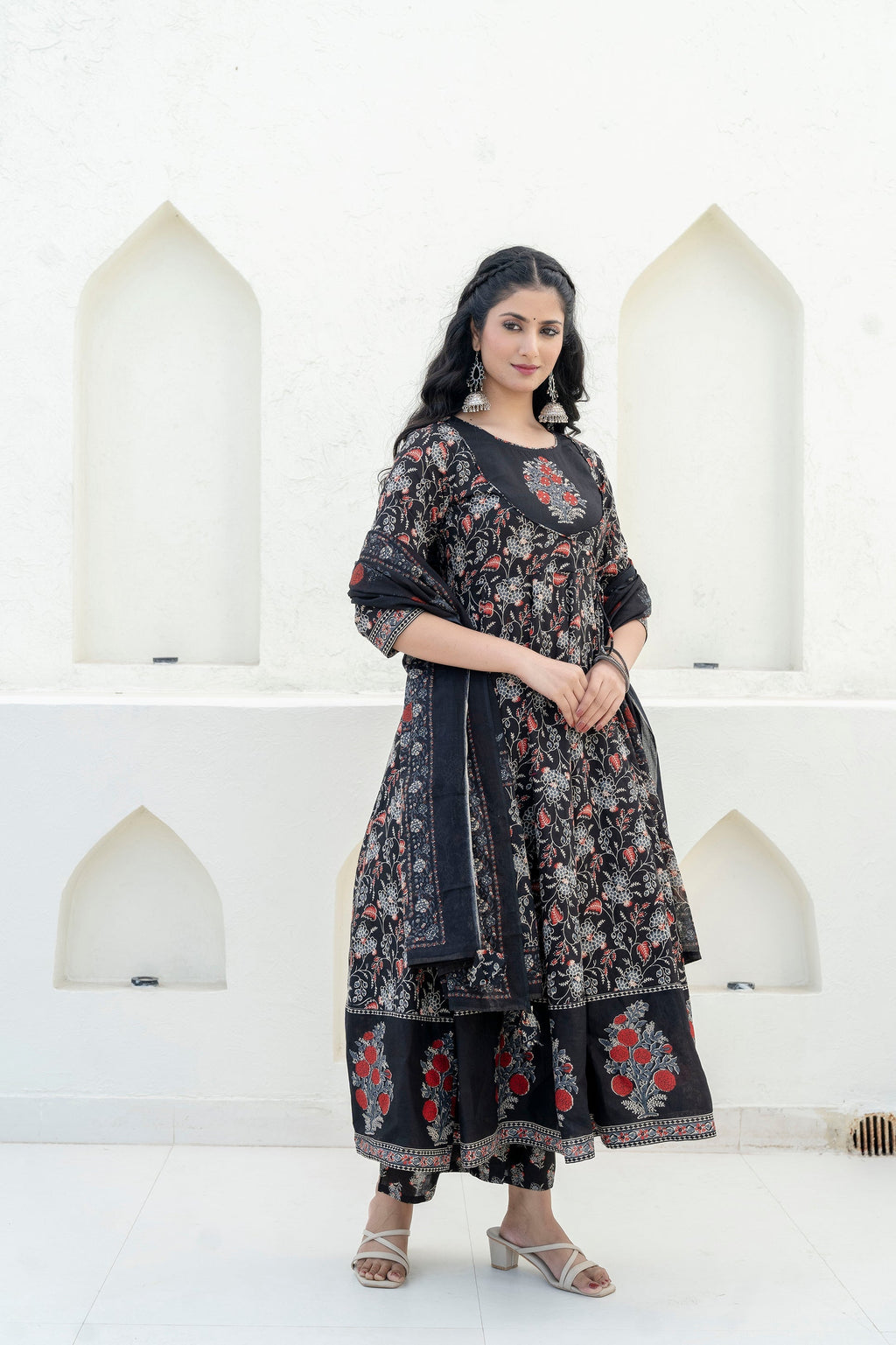 Embroidered & Floral Printed Anarkali Kurta With Pant & Dupatta, Black - Hiral Fashion - Distacart