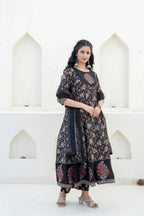 Embroidered & Floral Printed Anarkali Kurta With Pant & Dupatta, Black - Hiral Fashion - Distacart
