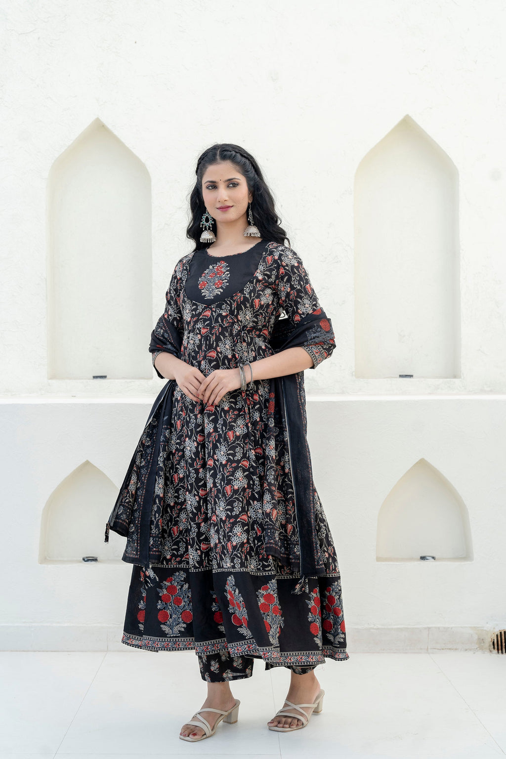 Embroidered & Floral Printed Anarkali Kurta With Pant & Dupatta, Black - Hiral Fashion - Distacart