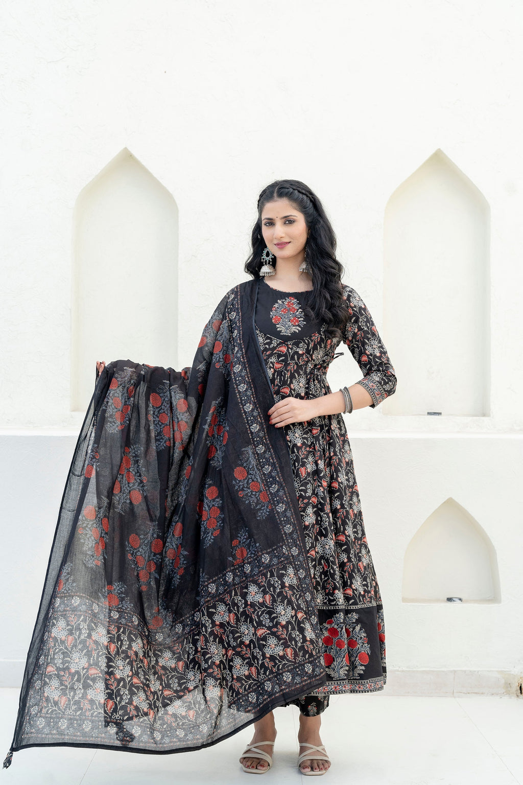 Embroidered & Floral Printed Anarkali Kurta With Pant & Dupatta, Black - Hiral Fashion - Distacart