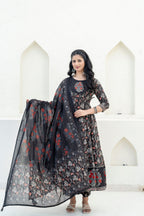 Embroidered & Floral Printed Anarkali Kurta With Pant & Dupatta, Black - Hiral Fashion - Distacart