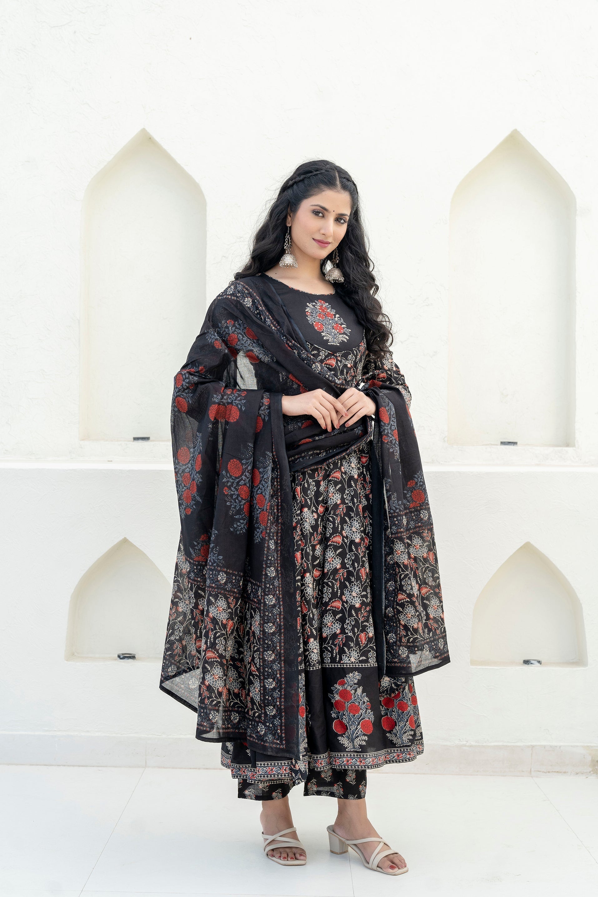 Embroidered & Floral Printed Anarkali Kurta With Pant & Dupatta, Black - Hiral Fashion - Distacart