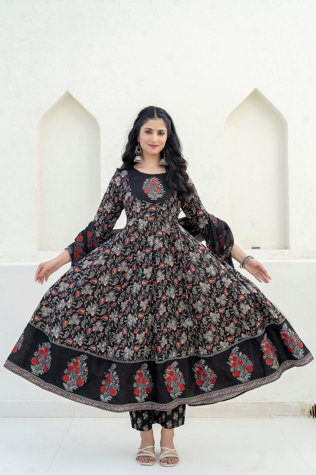 Embroidered & Floral Printed Anarkali Kurta With Pant & Dupatta, Black - Hiral Fashion - Distacart