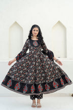 Embroidered & Floral Printed Anarkali Kurta With Pant & Dupatta, Black - Hiral Fashion - Distacart