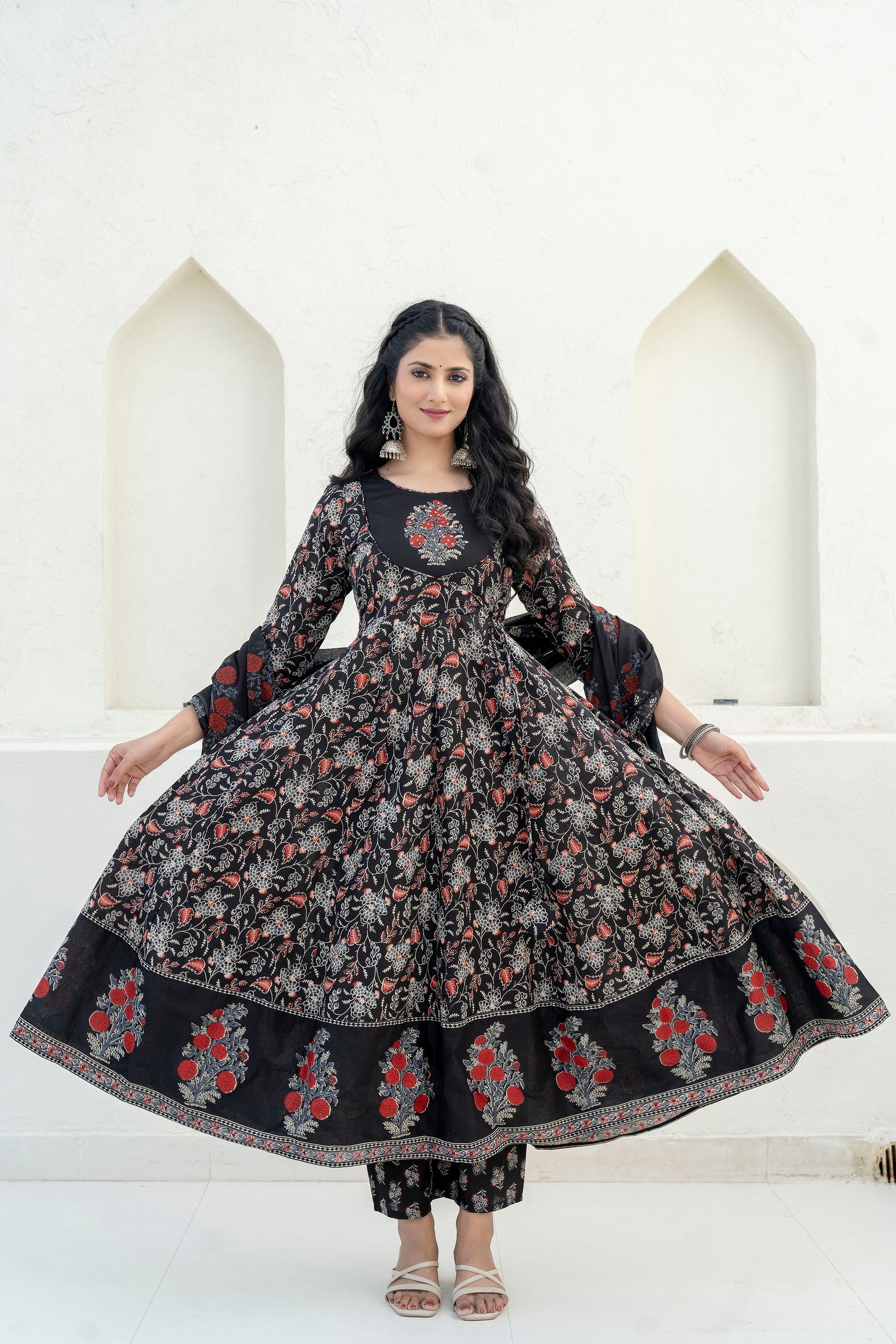 Embroidered & Floral Printed Anarkali Kurta With Pant & Dupatta, Black - Hiral Fashion - Distacart