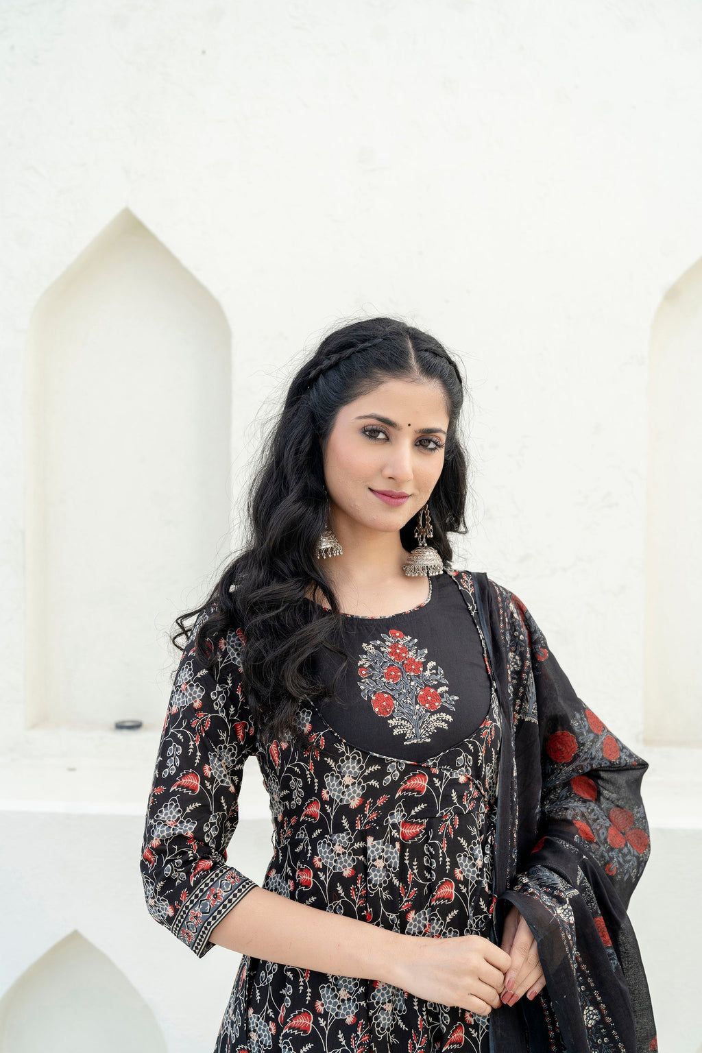 Embroidered & Floral Printed Anarkali Kurta With Pant & Dupatta, Black - Hiral Fashion - Distacart