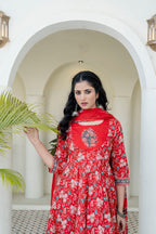 Embroidered & Floral Printed Anarkali Kurta With Pant & Dupatta, Red - Hiral Fashion - Distacart