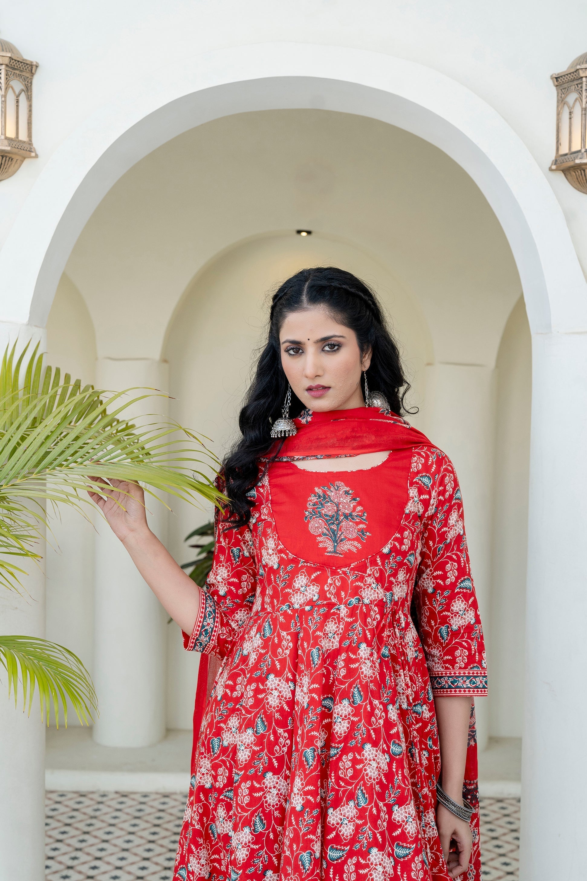 Embroidered & Floral Printed Anarkali Kurta With Pant & Dupatta, Red - Hiral Fashion - Distacart