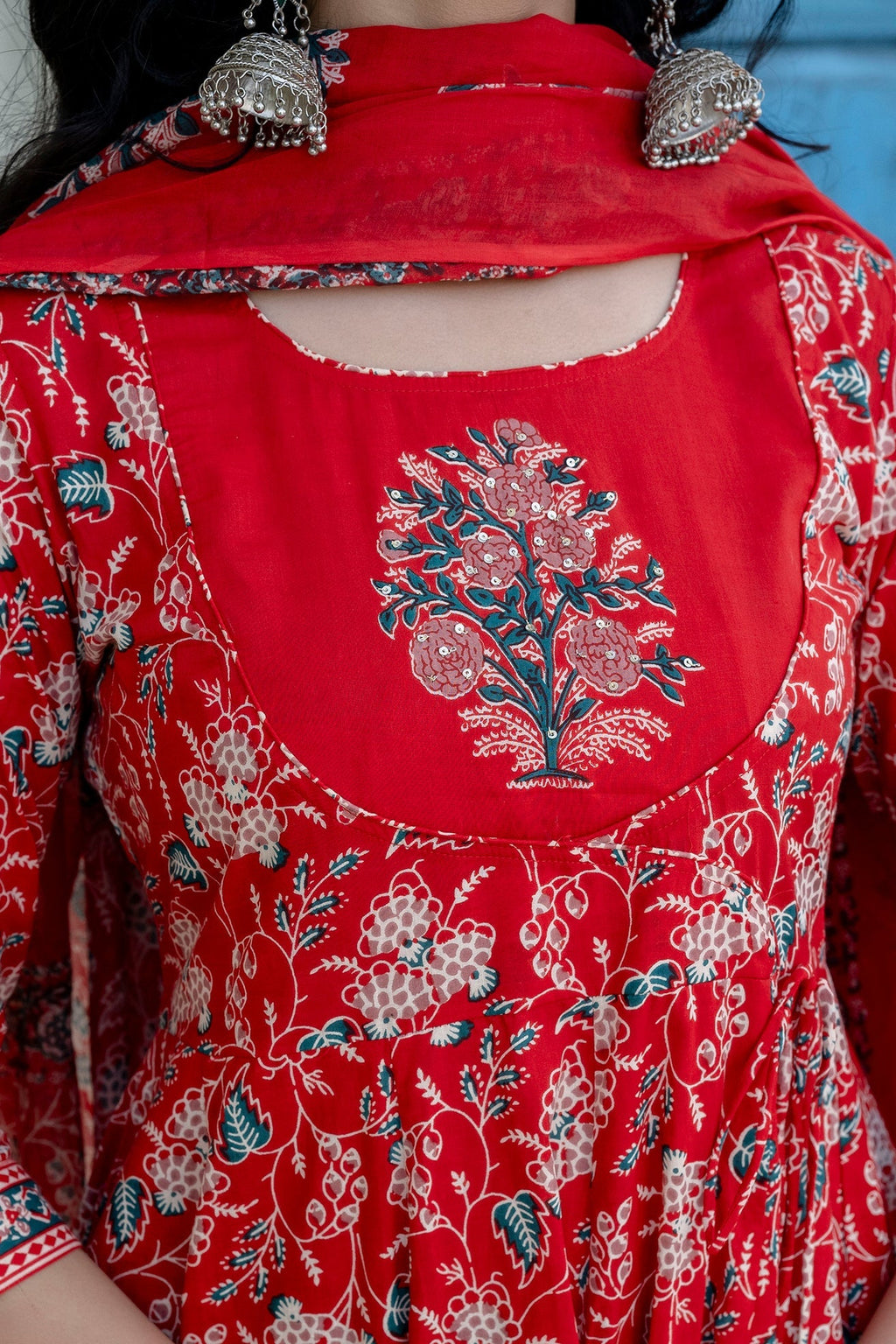 Embroidered & Floral Printed Anarkali Kurta With Pant & Dupatta, Red - Hiral Fashion - Distacart