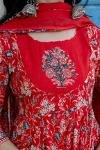Embroidered & Floral Printed Anarkali Kurta With Pant & Dupatta, Red - Hiral Fashion - Distacart