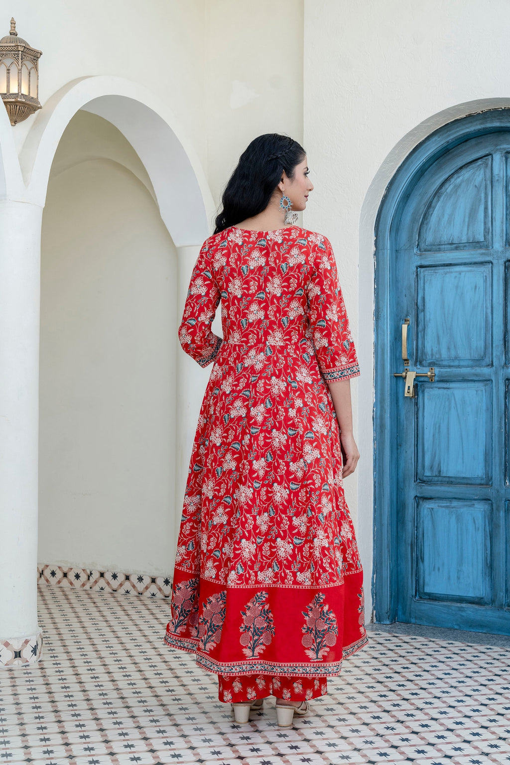 Embroidered & Floral Printed Anarkali Kurta With Pant & Dupatta, Red - Hiral Fashion - Distacart