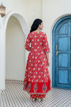 Embroidered & Floral Printed Anarkali Kurta With Pant & Dupatta, Red - Hiral Fashion - Distacart