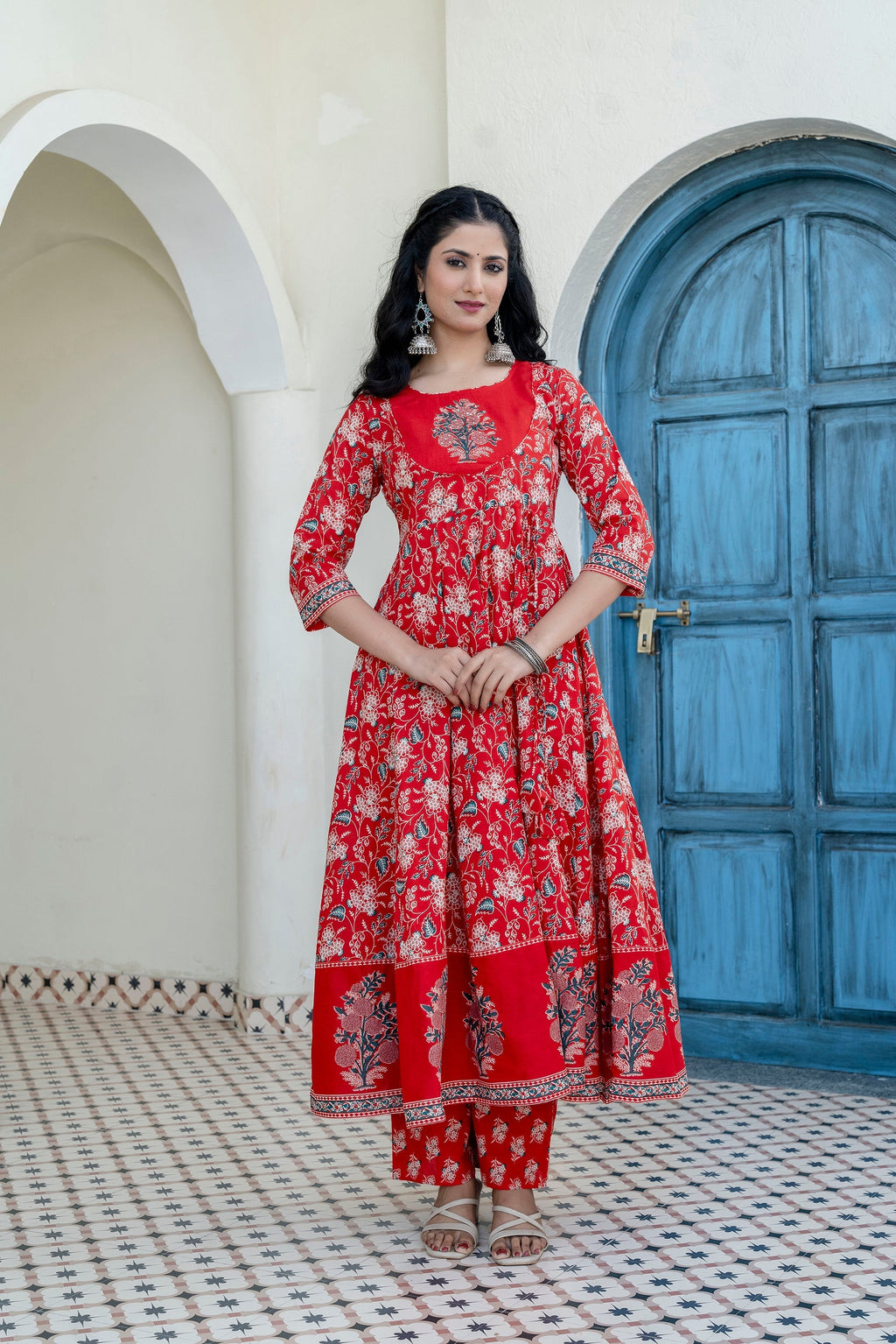 Embroidered & Floral Printed Anarkali Kurta With Pant & Dupatta, Red - Hiral Fashion - Distacart