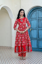 Embroidered & Floral Printed Anarkali Kurta With Pant & Dupatta, Red - Hiral Fashion - Distacart