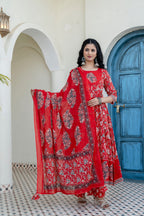 Embroidered & Floral Printed Anarkali Kurta With Pant & Dupatta, Red - Hiral Fashion - Distacart