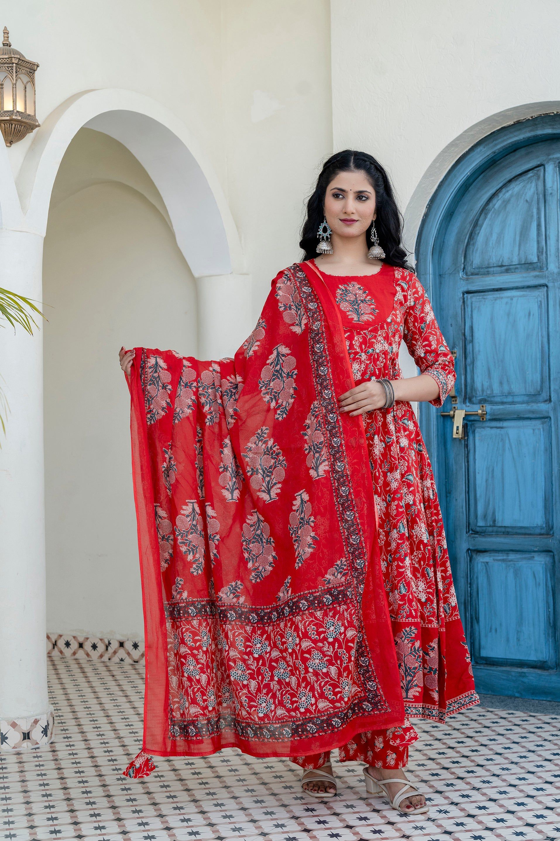 Embroidered & Floral Printed Anarkali Kurta With Pant & Dupatta, Red - Hiral Fashion - Distacart