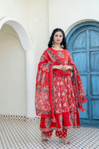 Embroidered & Floral Printed Anarkali Kurta With Pant & Dupatta, Red - Hiral Fashion - Distacart