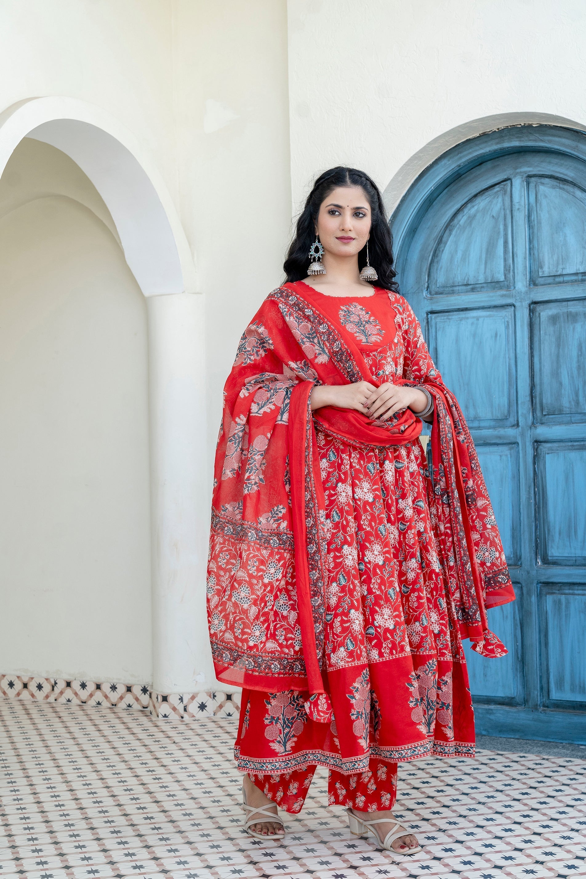 Embroidered & Floral Printed Anarkali Kurta With Pant & Dupatta, Red - Hiral Fashion - Distacart