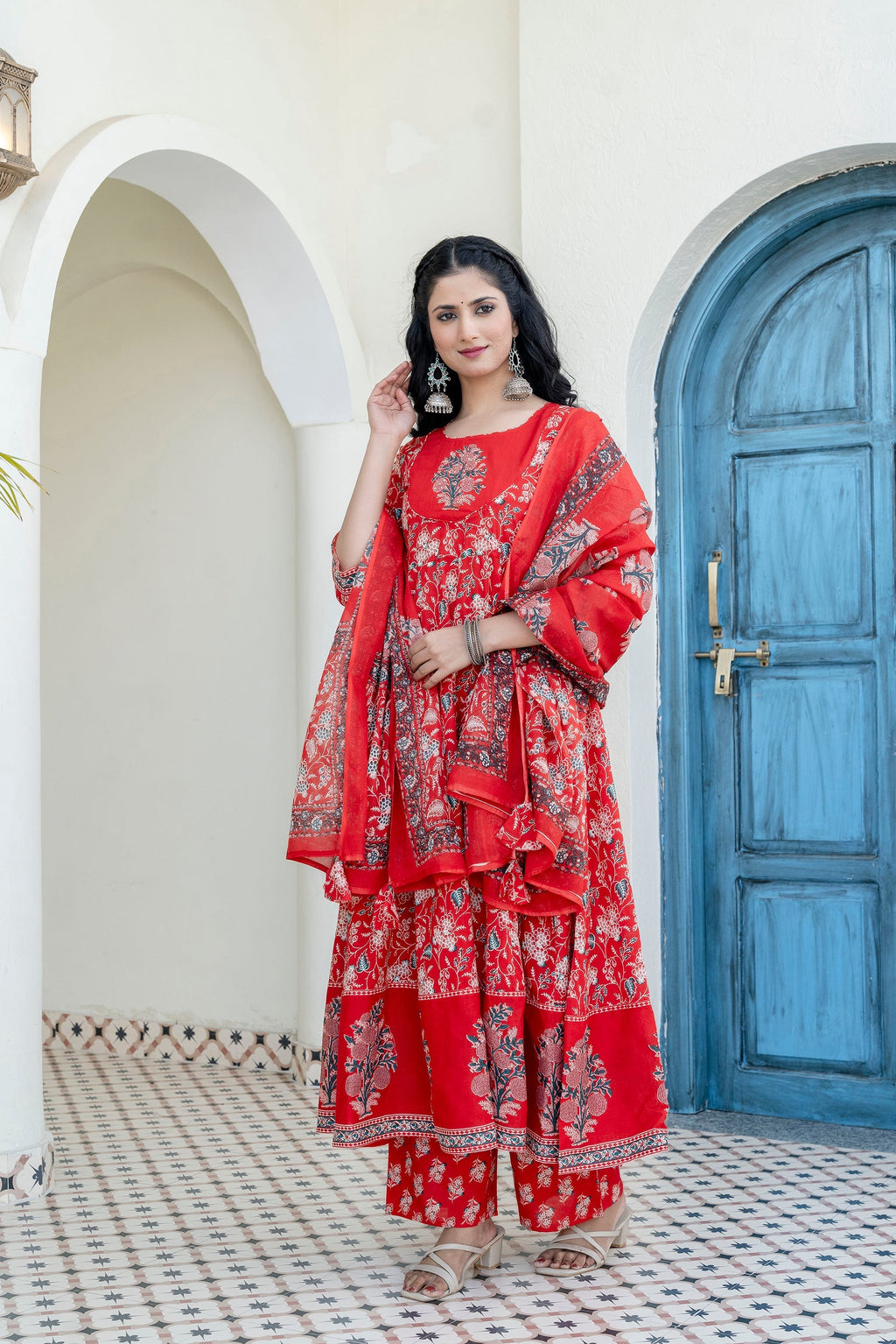 Embroidered & Floral Printed Anarkali Kurta With Pant & Dupatta, Red - Hiral Fashion - Distacart