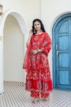 Embroidered & Floral Printed Anarkali Kurta With Pant & Dupatta, Red - Hiral Fashion - Distacart