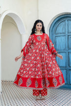 Embroidered & Floral Printed Anarkali Kurta With Pant & Dupatta, Red - Hiral Fashion - Distacart