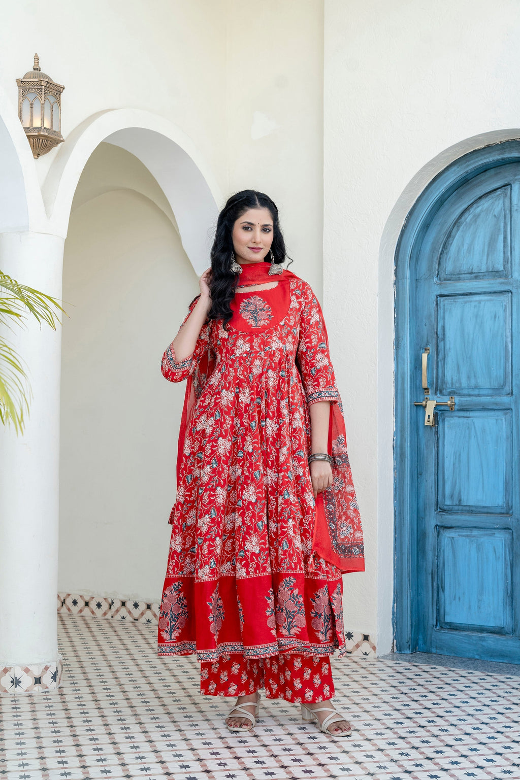 Embroidered & Floral Printed Anarkali Kurta With Pant & Dupatta, Red - Hiral Fashion - Distacart
