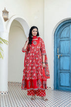 Embroidered & Floral Printed Anarkali Kurta With Pant & Dupatta, Red - Hiral Fashion - Distacart