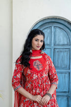 Embroidered & Floral Printed Anarkali Kurta With Pant & Dupatta, Red - Hiral Fashion - Distacart