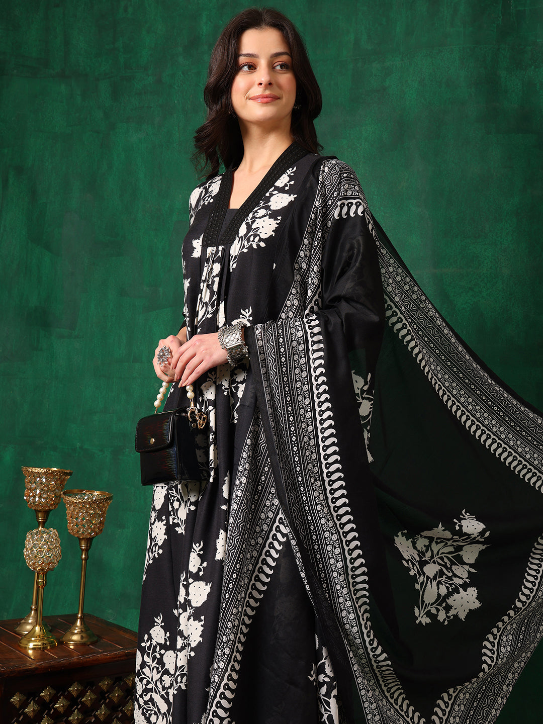 Embroidered & Printed Flared Kurta With Pant & Dupatta, Black - Hiral Fashion - Distacart