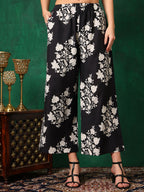 Embroidered & Printed Flared Kurta With Pant & Dupatta, Black - Hiral Fashion - Distacart