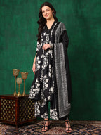 Embroidered & Printed Flared Kurta With Pant & Dupatta, Black - Hiral Fashion - Distacart