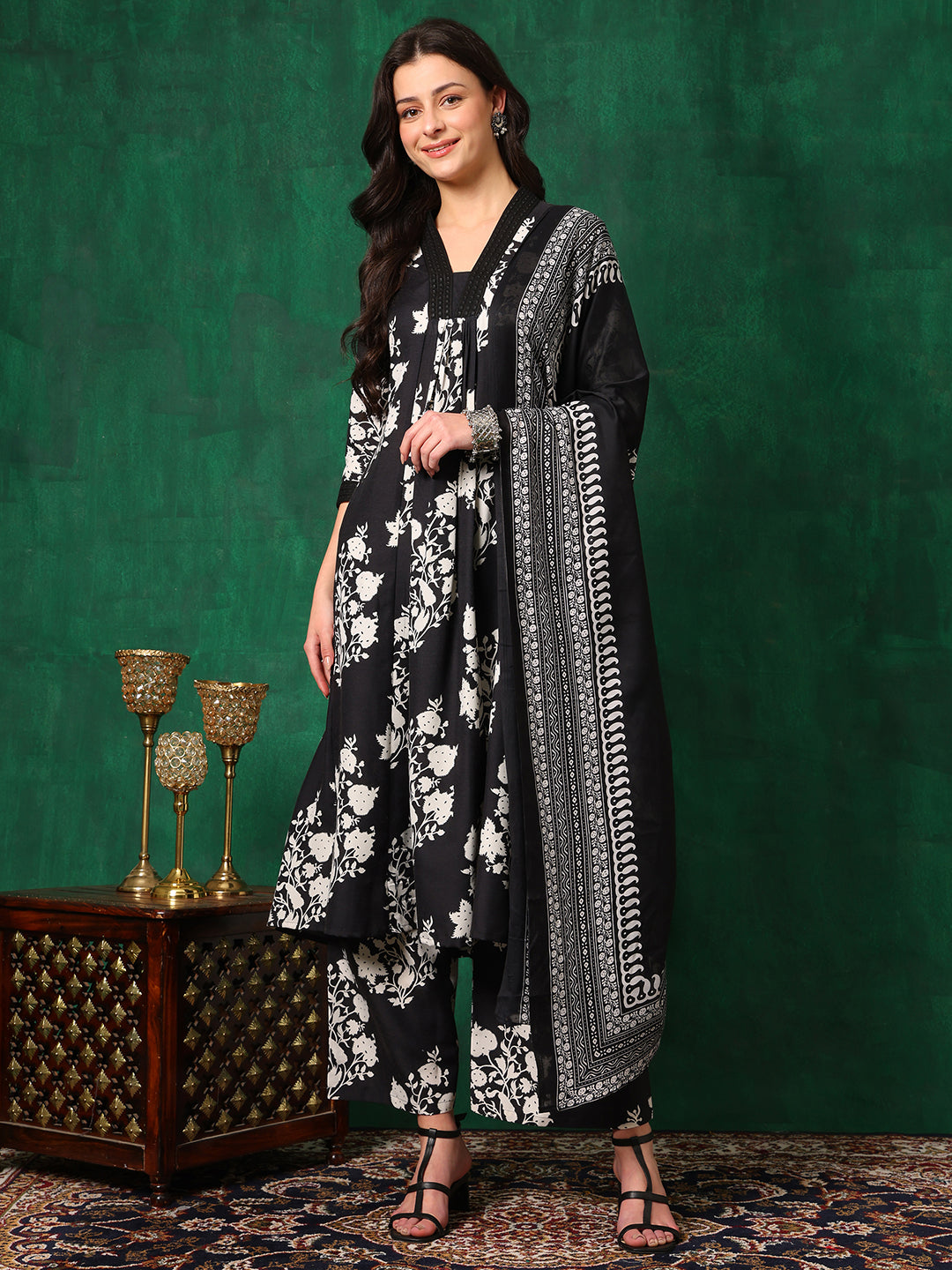 Embroidered & Printed Flared Kurta With Pant & Dupatta, Black - Hiral Fashion - Distacart