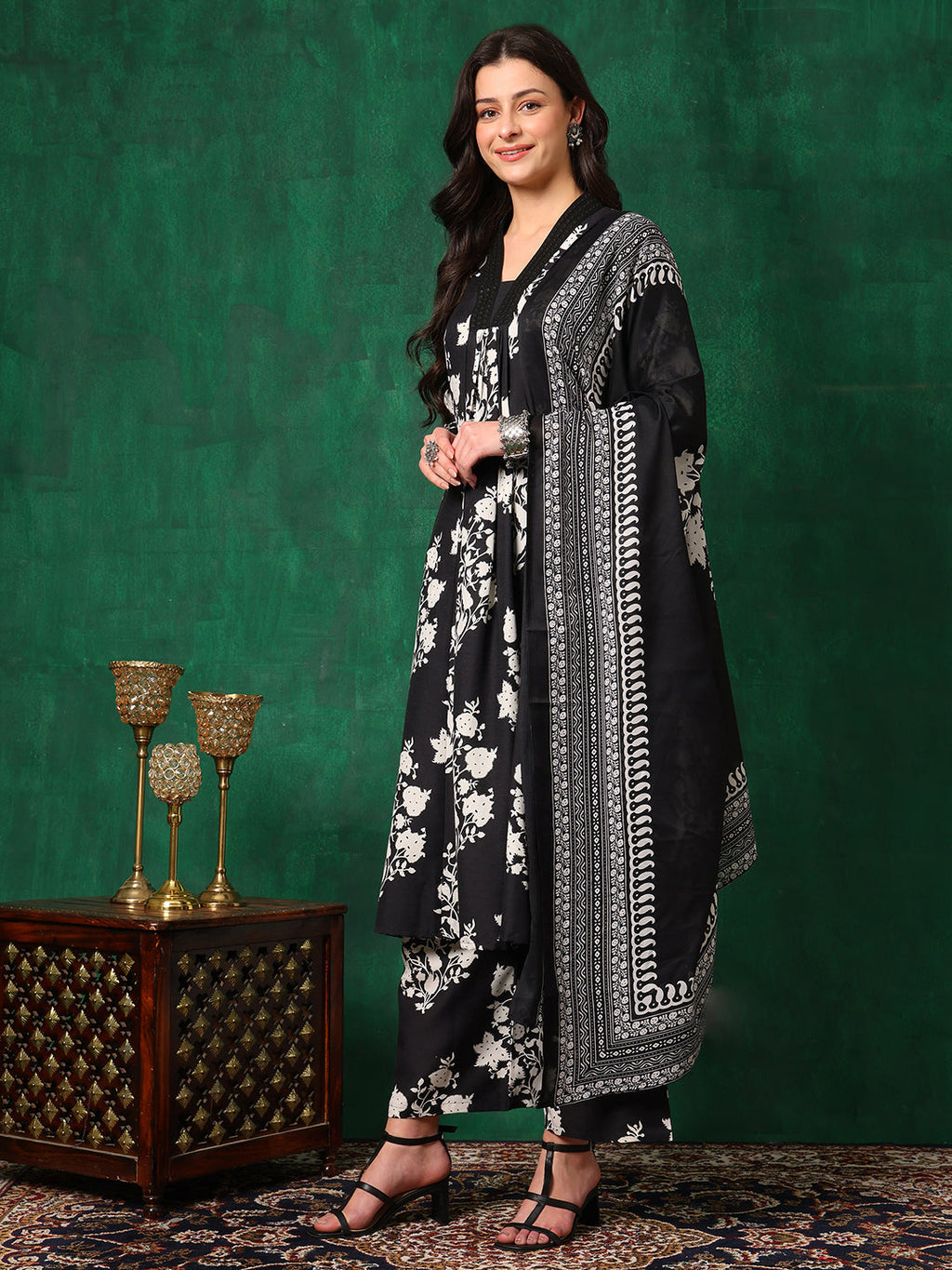 Embroidered & Printed Flared Kurta With Pant & Dupatta, Black - Hiral Fashion - Distacart