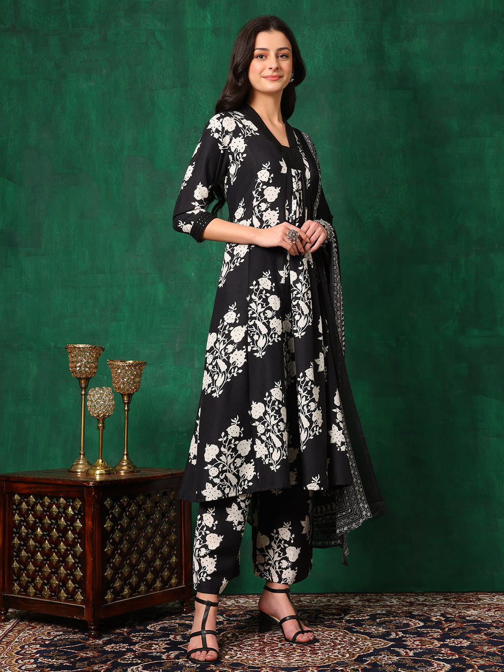 Embroidered & Printed Flared Kurta With Pant & Dupatta, Black - Hiral Fashion - Distacart
