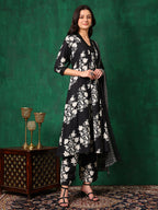 Embroidered & Printed Flared Kurta With Pant & Dupatta, Black - Hiral Fashion - Distacart