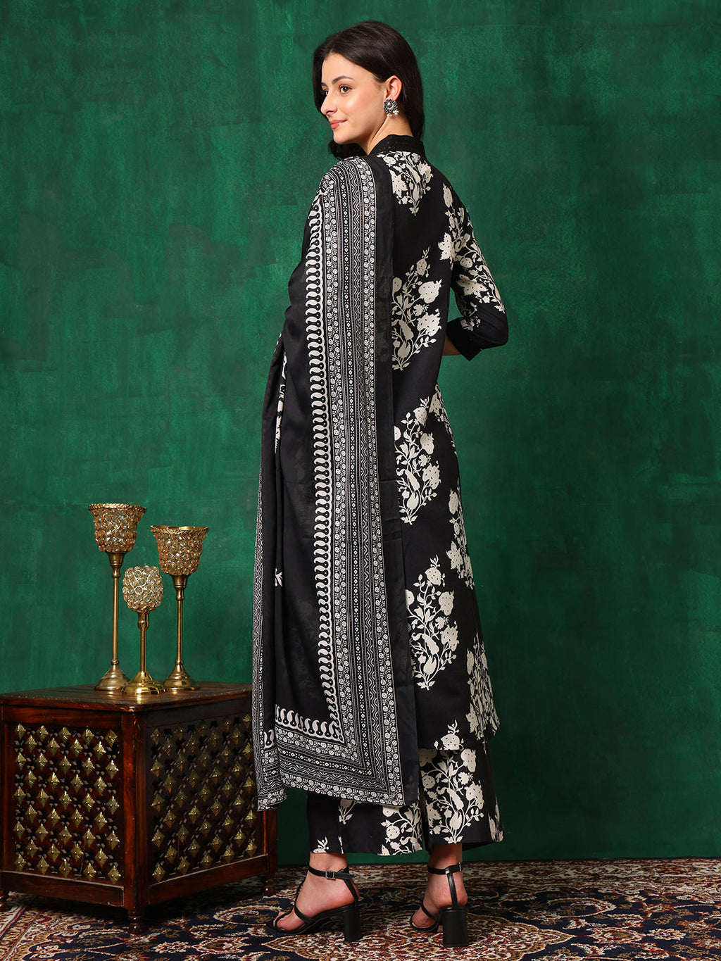 Embroidered & Printed Flared Kurta With Pant & Dupatta, Black - Hiral Fashion - Distacart
