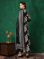 Embroidered & Printed Flared Kurta With Pant & Dupatta, Black - Hiral Fashion - Distacart