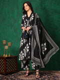 Embroidered & Printed Flared Kurta With Pant & Dupatta, Black - Hiral Fashion - Distacart
